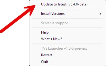 Tray icon menu showing the "Update" command